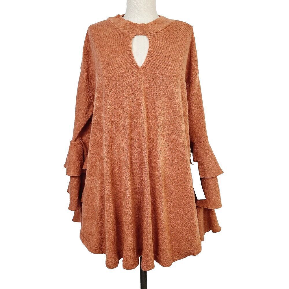 NEW Love In Tunic‎ Sweater L Rust Orange Knit Tiered Sleeve Keyhole Neck Popover